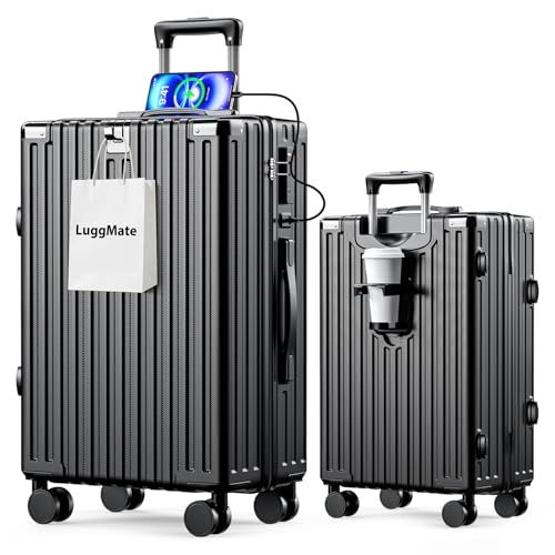 [LuggMate] スーツケース 多機能 超軽量 大容量 超軽量 機内持ち込み キャリーケース 多機能 隠しフック機能 カップホルダー付き USBポート付き 耐衝撃 静音ダブルキャスター TSAロック搭載 ファスナータイプ キャリーバッグ 旅行 ビジネス 出