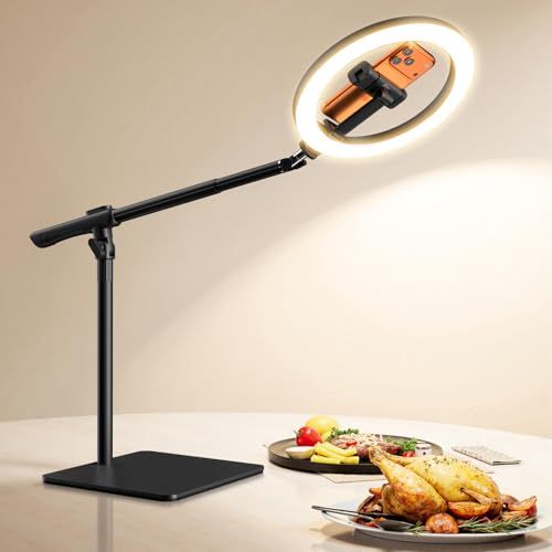 LUXSURE リングライト 10インチ 卓上 俯瞰撮影 アーム付き スマホスタンド 撮影用ライト LEDライト 30段階調光 高輝度 安定ベース USB給電 料理撮影 動画配信 Web会議用 ビデオライト 女優ライト 国内発送 37ce384b