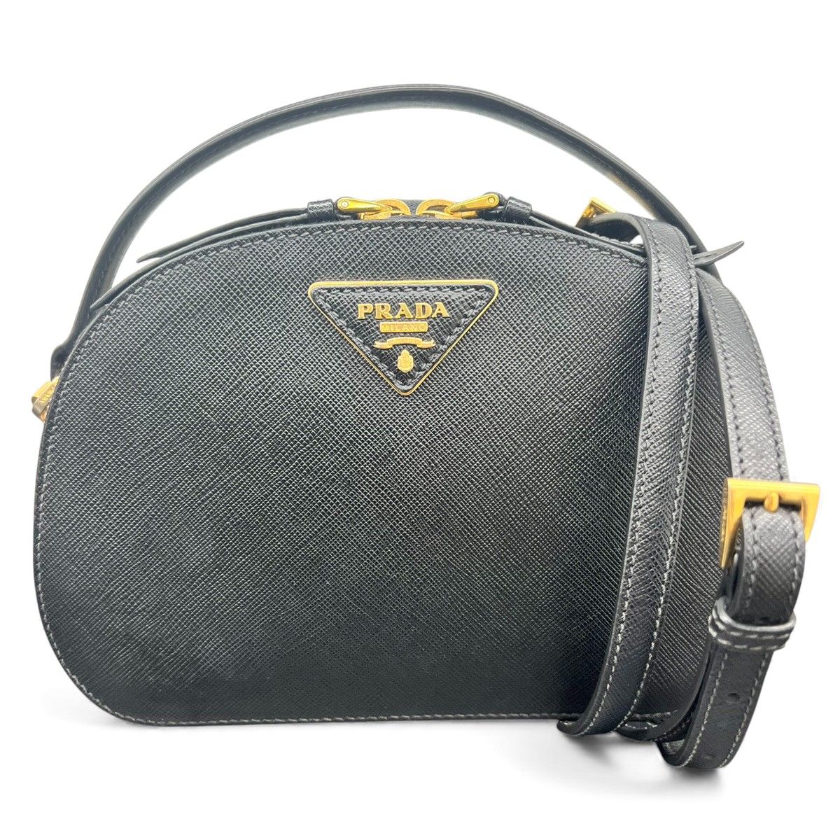 PRADA 美品 プラダ オデット 2way ハンドバッグ ショルダーバッグ サフィアーノレザー 1BH123 レザー ブラック トライアングルロゴ 三角プレート クロスボディ ポシェット ミニ ABランク 鑑定済 中古 プラダバッグ