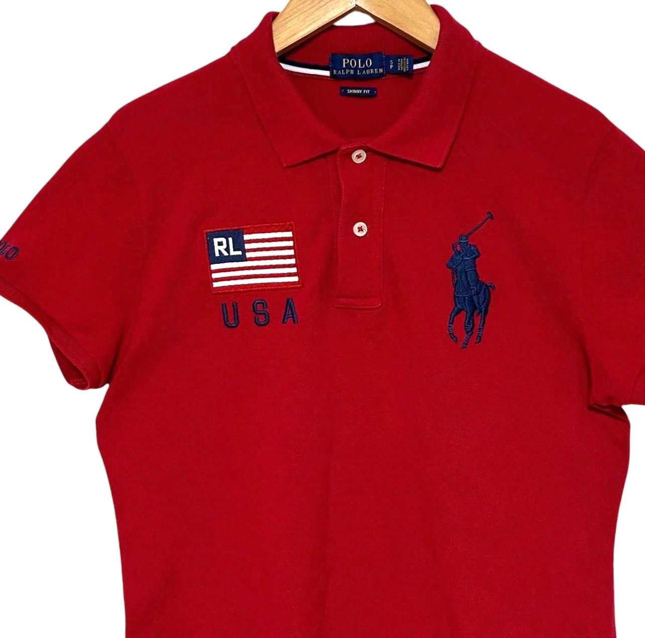 現行タグ POLO RALPHLAUREN ポロラルフローレン ビッグポニー USA 星条旗 刺繍 Y2K archive 短丈 ポロシャツ