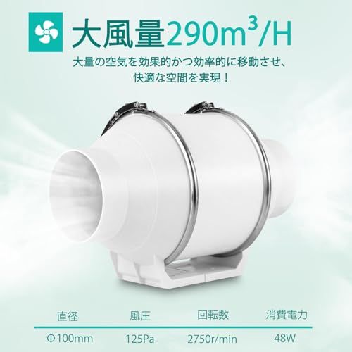 BreeRainz ダクトファン Φ100mm ダクト用換気扇 風量290m?/h 強力 省エネ 静音 排気ファン 中間取付 塗装ブース用 家焼肉 家庭用 業務用 排風機 丸形タイプ 110V 日本仕様電源プラグ (100mm)ts 48680aae