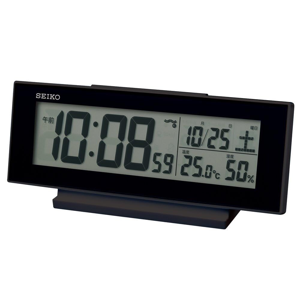 セイコークロック(Seiko Clock) 目覚まし時計 常時点灯 電波 デジタル カレンダー 温度 湿度 表示 夜でも見える 黒・一部黒 82×206×51mm SQ324K(沖縄・離島の方発送不可）) 90c61ae9