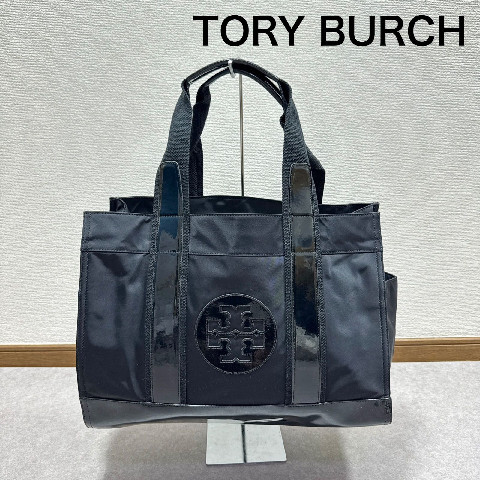 TORY BURCH トリーバーチ ナイロン × エナメル トートバッグ ハンドバッグ ブラック