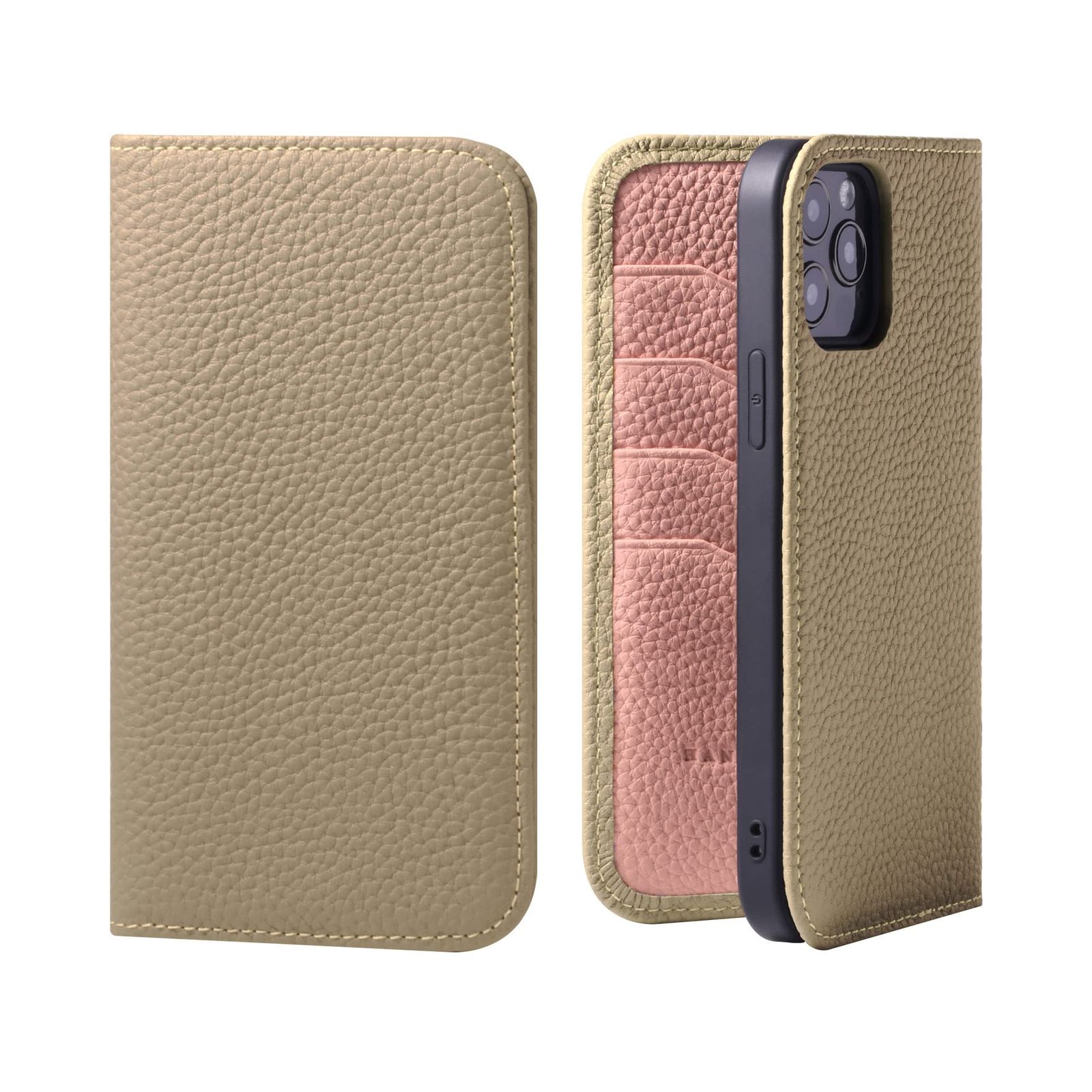 新品 HANATORA for iPhone 13ProMax ケース 手帳型 本革 スマホケース スマホ スタンド コードホルダー 付き シュリンクカーフレザー マグネットなし グレージュ + ピンク PH-13ProMax-Grege-PK ギフト 誕生日