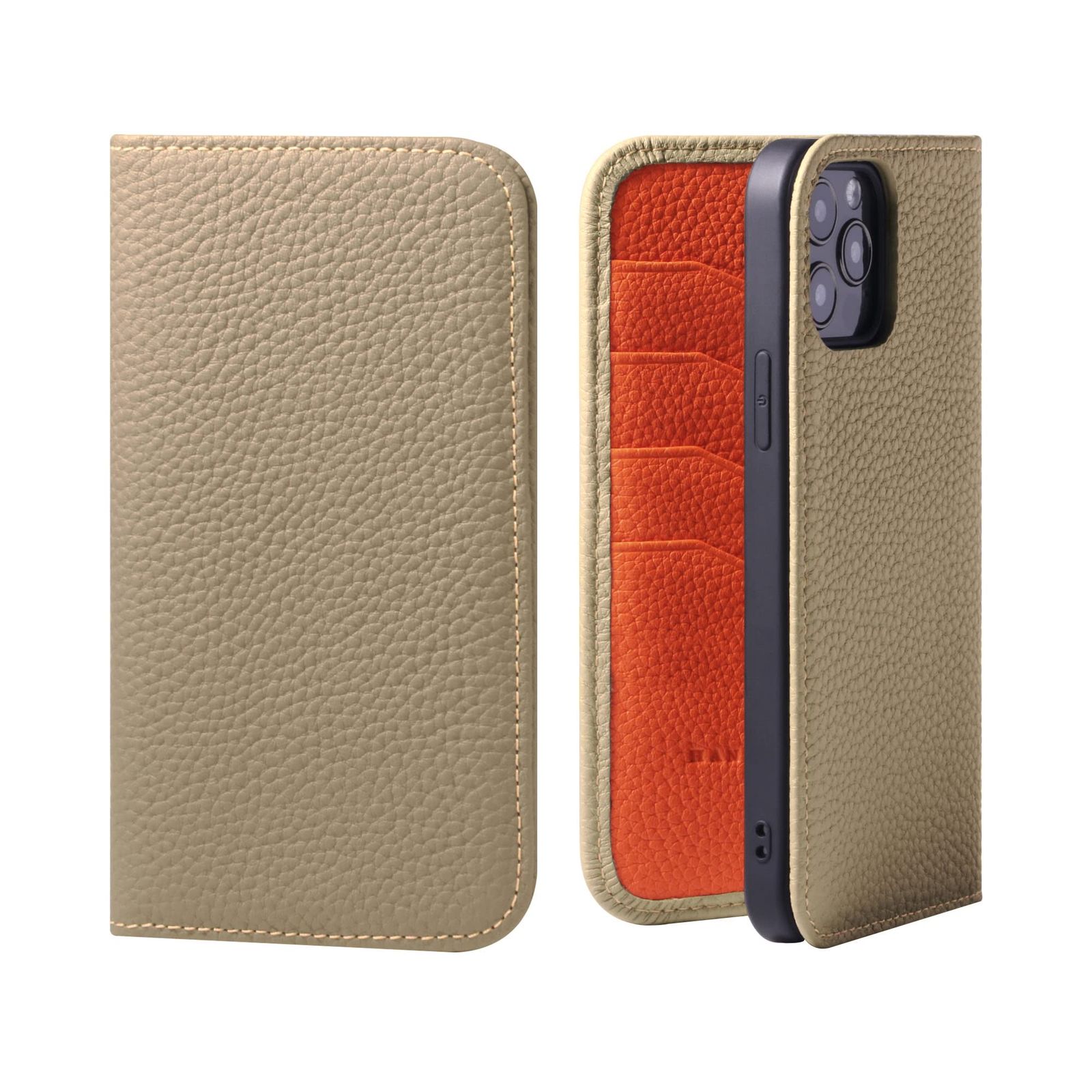 新品 HANATORA for iPhone 14Plus ケース 手帳型 本革 スマホケース スマホ スタンド コードホルダー 付き シュリンクカーフレザー マグネットなし グレージュ + オレンジ PH-14Plus-Grege-OG ギフト 誕生日 女性