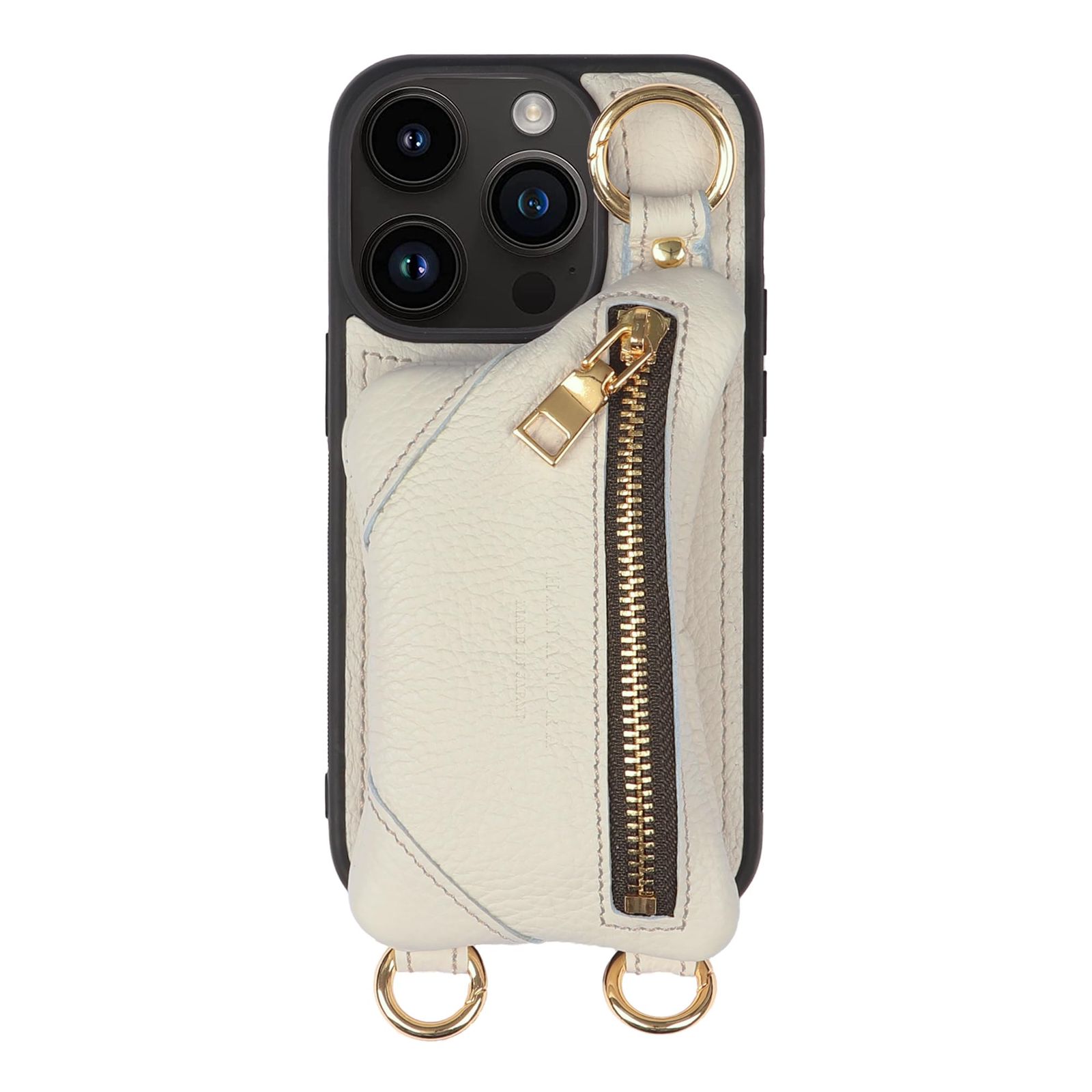 新品 HANATORA for iPhone 14Pro ケース ショルダー 本革 日本製 耐衝撃 スマホケース スマホ ショルダーストラップ 付き ファスナー スマホショルダー カバー カード 収納 小銭入れ ホワイト BPCJP-14Pro-White