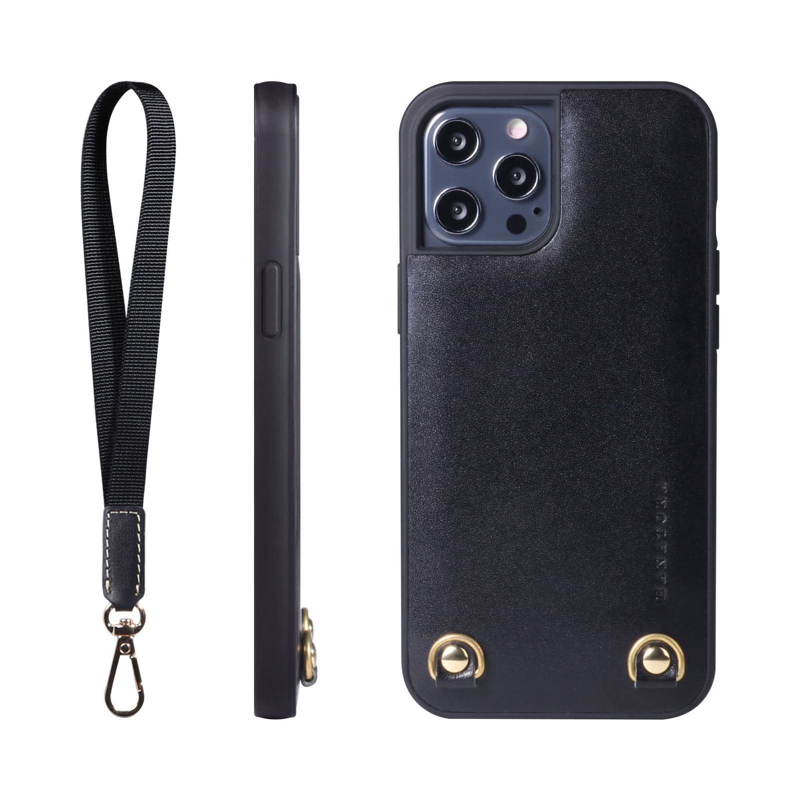 新品 HANATORA for iPhone 15ProMax ケース 本革 耐衝撃 ストラップリング スマホケース スマホ ハンドストラップ 付き イタリアンレザー ギフト マグネットなし ブラック TGN-15ProMax-Black