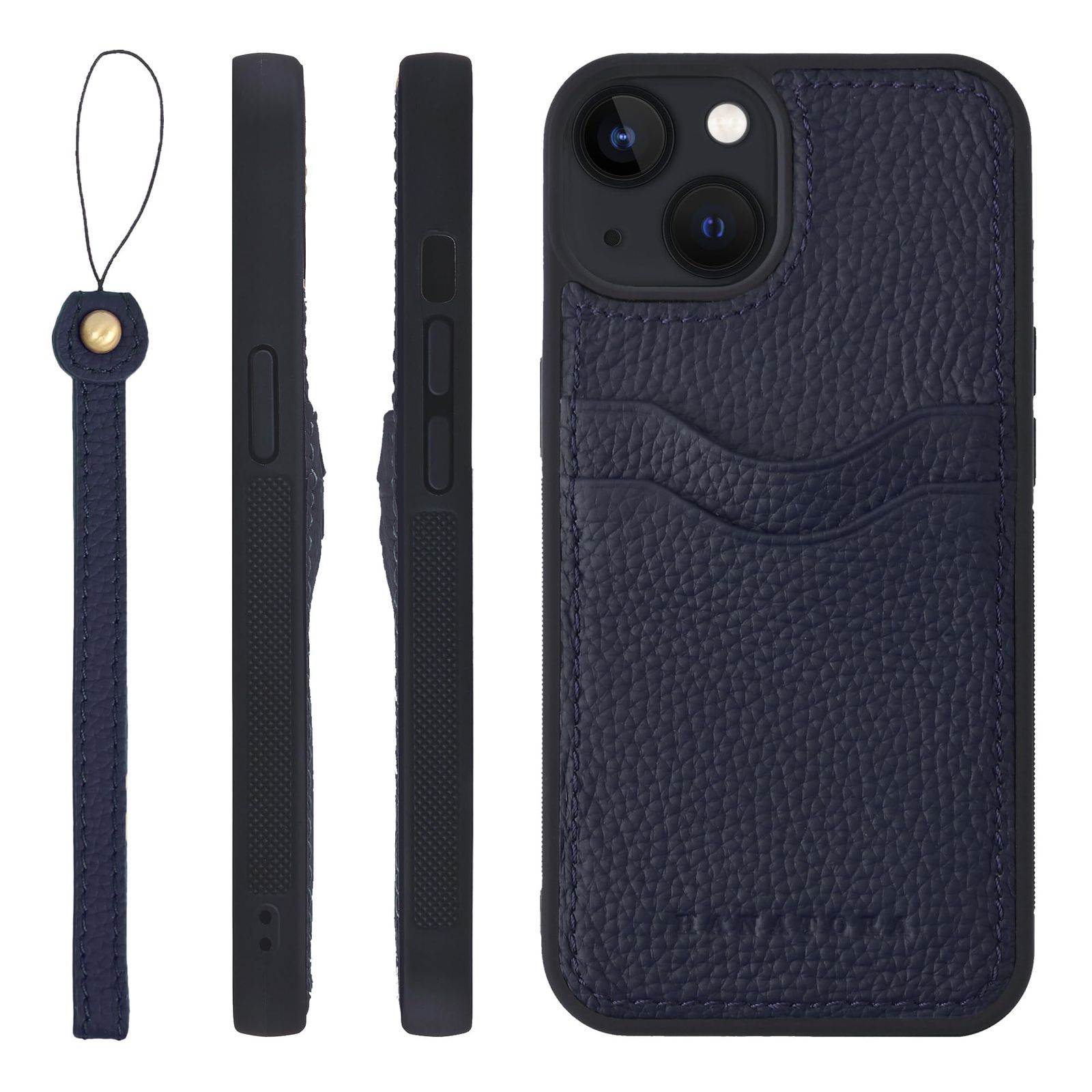 新品 HANATORA for iPhone 13 ケース 本革 耐衝撃 バンパー型 スマホケース スマホ ストラップ 付き シュリンクレザー ギフト ネイビー CPGGZ-13-Navy