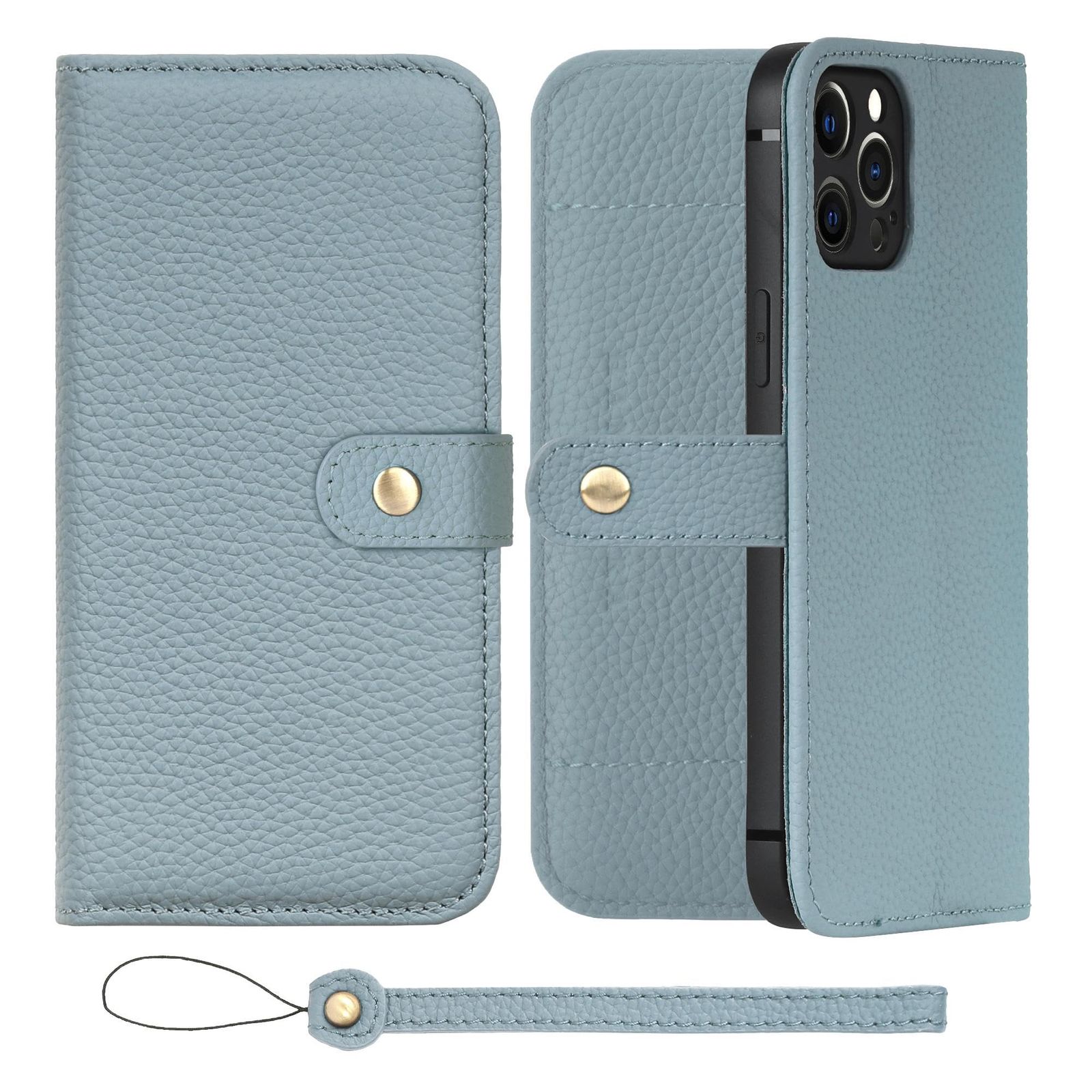新品 HANATORA for iPhone 12ProMax ケース 手帳型 本革 スマホケース スマホ スタンド ストラップ 付き シュリンクカーフレザー ベルトあり マグネットなし ブルーグレー H1SPB-12ProMax-BlueGray ギフト 誕