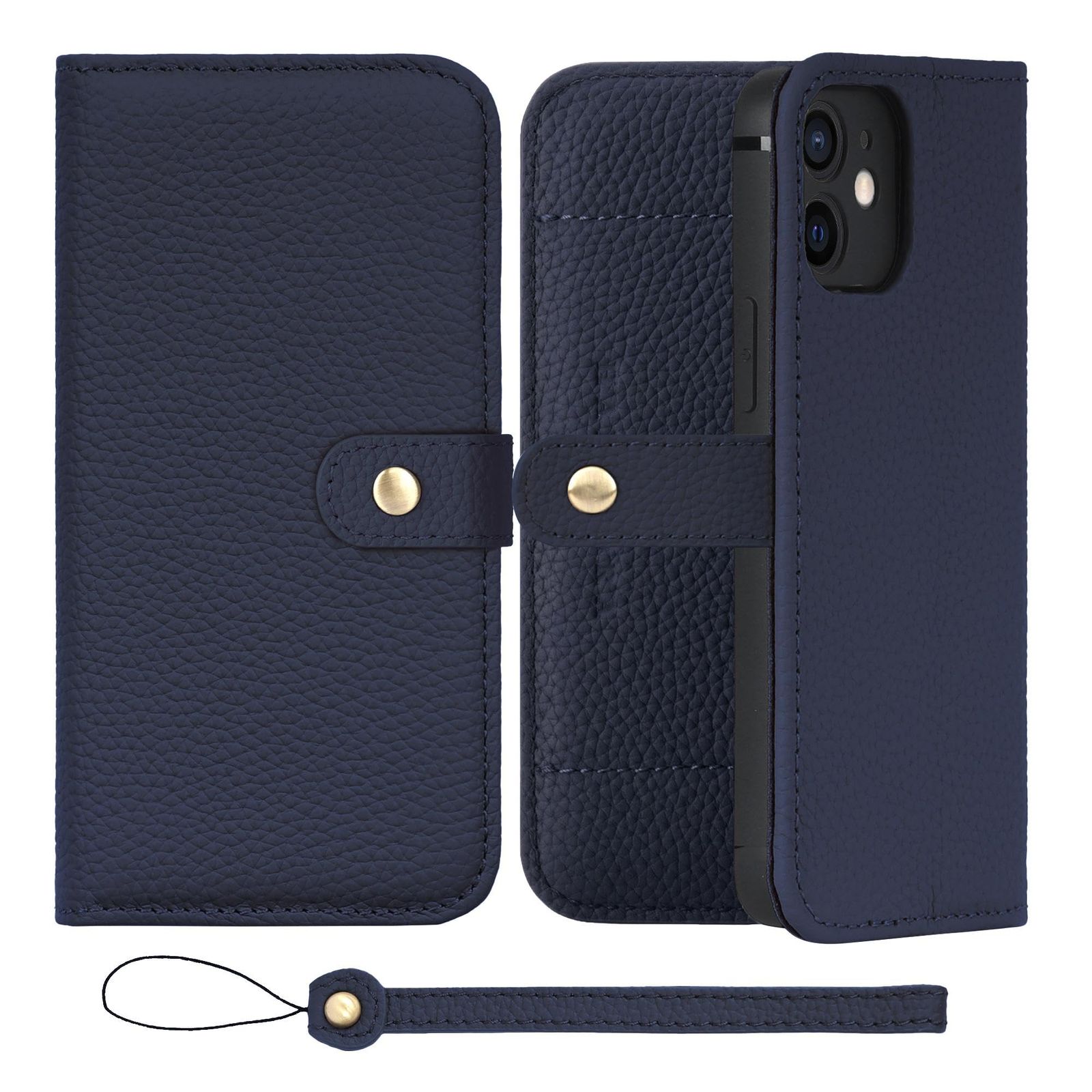 新品 HANATORA for iPhone 12mini ケース 手帳型 本革 スマホケース スマホ スタンド ストラップ 付き シュリンクカーフレザー ベルトあり マグネットなし ネイビー H1SPB-12mini-Navy ギフト 誕生日 女性 男性 彼