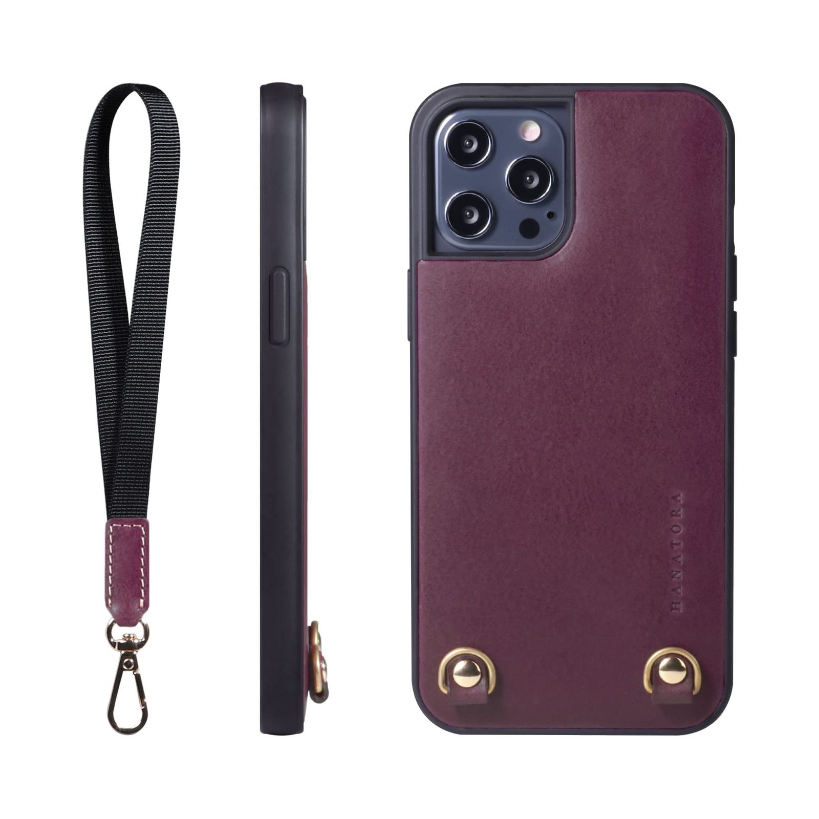 新品 HANATORA for iPhone 15ProMax ケース 本革 耐衝撃 ストラップリング スマホケース スマホ ハンドストラップ 付き イタリアンレザー ギフト マグネットなし パープル TGN-15ProMax-Purple