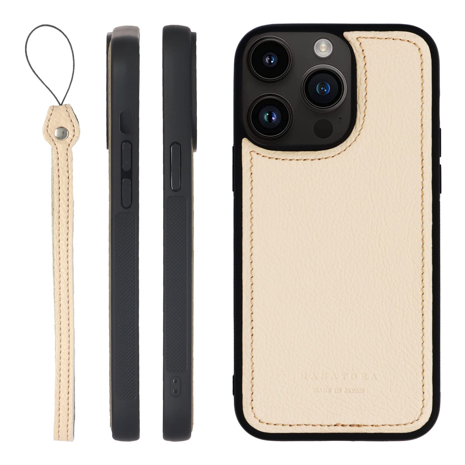新品 HANATORA for iPhone 15ProMax ケース 本革 日本製 耐衝撃 スマホケース スマホ ストラップ 付き シュリンクカーフレザー ギフト マグネットなし ホワイト SPGJP-15ProMax-White