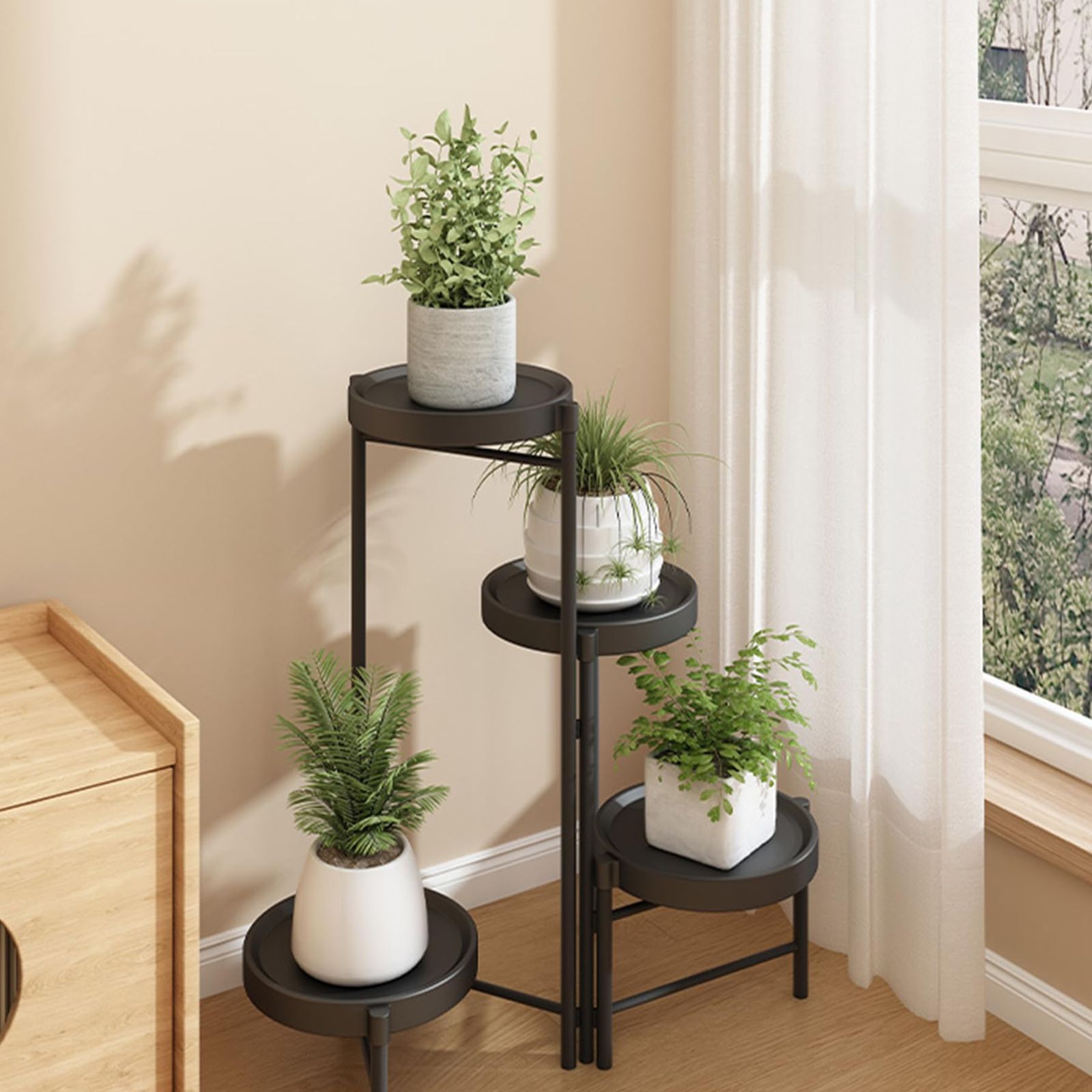 フラワースタンド ガーデンラック 室内/屋外 玄関 花台 観葉植物 園芸ラック 植木鉢台 花棚 盆栽 組み立て簡単 調節可能 植木鉢台 おしゃれ (ブラック, 4段)AR 3e285d0e