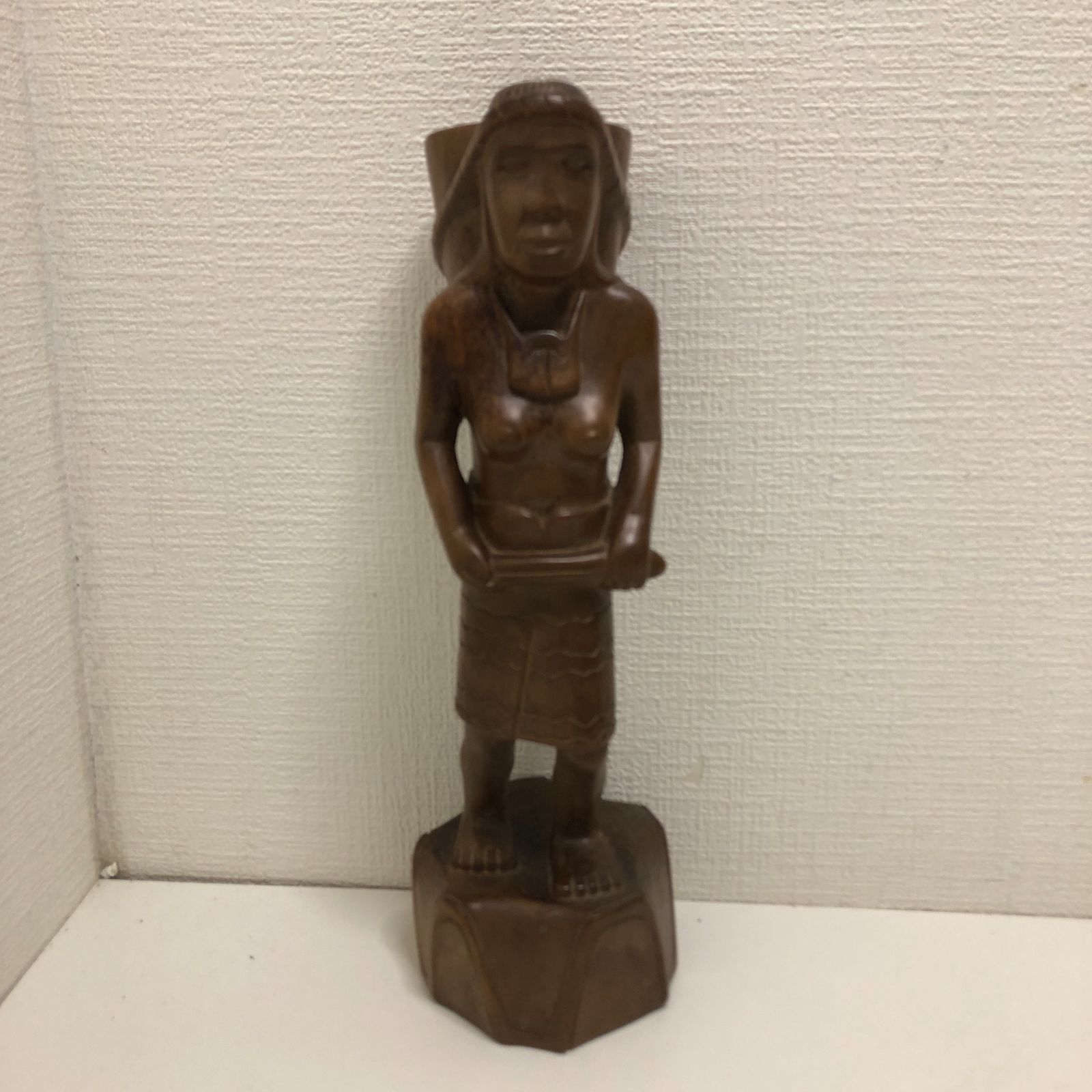 美品 エスニック木彫り女性像 民族彫刻アフリカ調オブジェ 花器 花台 