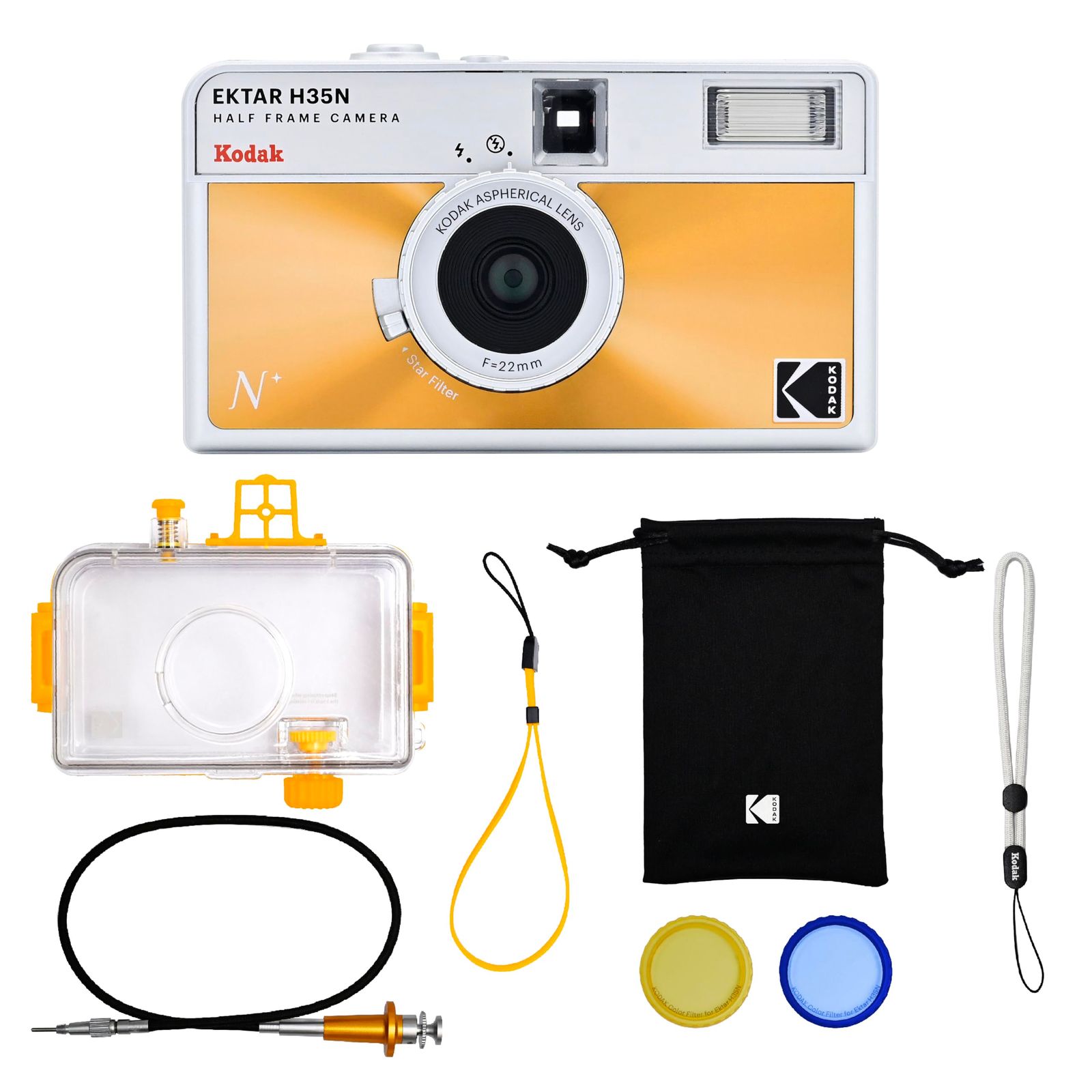新品 KODAK EKTAR H35N ハーフフレームフィルムカメラ、35mm、再利用可能、フォーカスフリー、バルブ機能、内蔵スターフィルター、コーティングされた改良レンズ (プレミアムキット グレーズドオレンジ)
