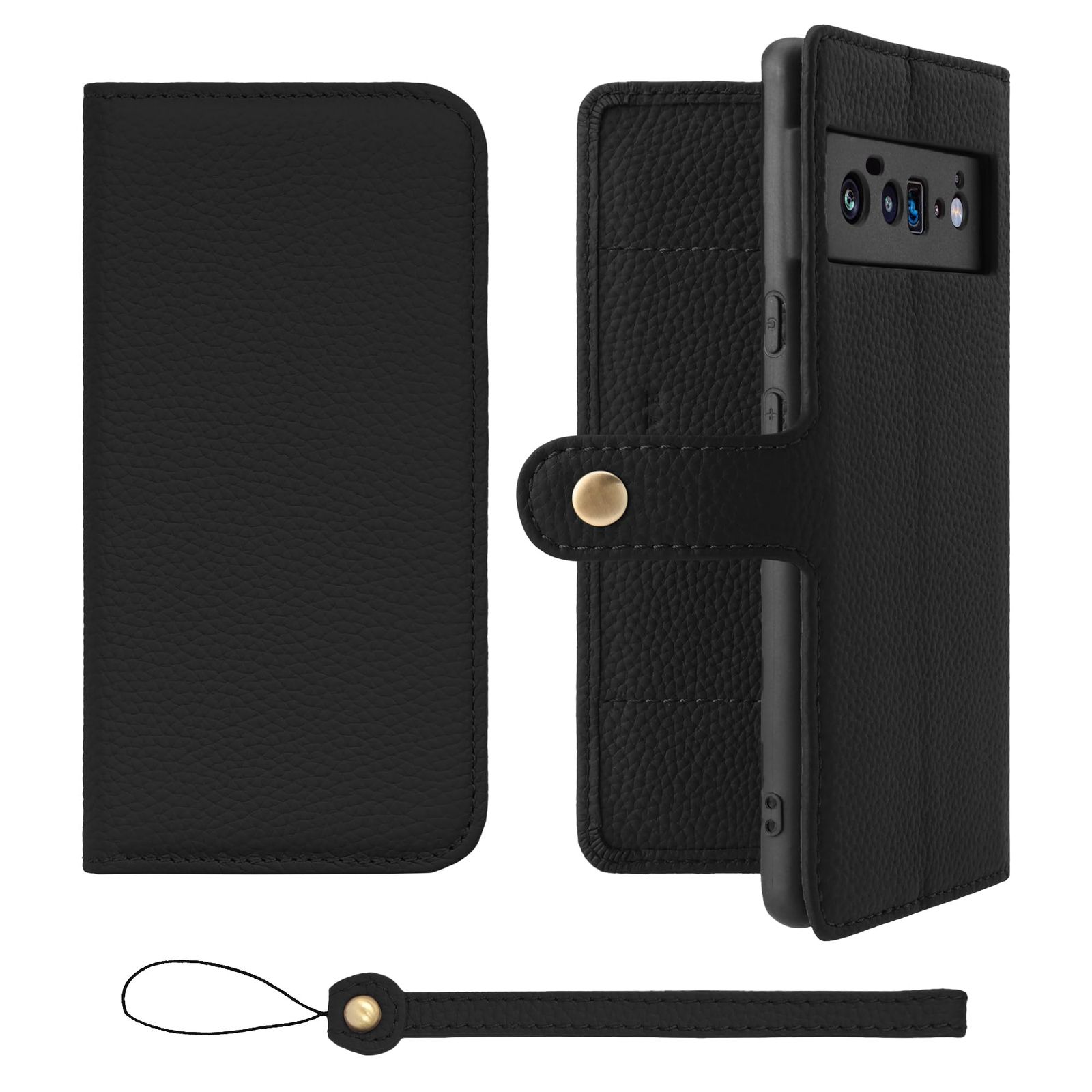 新品 HANATORA for Google Pixel 6Pro ケース 手帳型 本革 スマホケース スマホ スタンド ストラップ 付き シュリンクカーフレザー ベルトあり マグネットなし ブラック H0XB-GP6Pro-Black ギフト 誕生日 女性