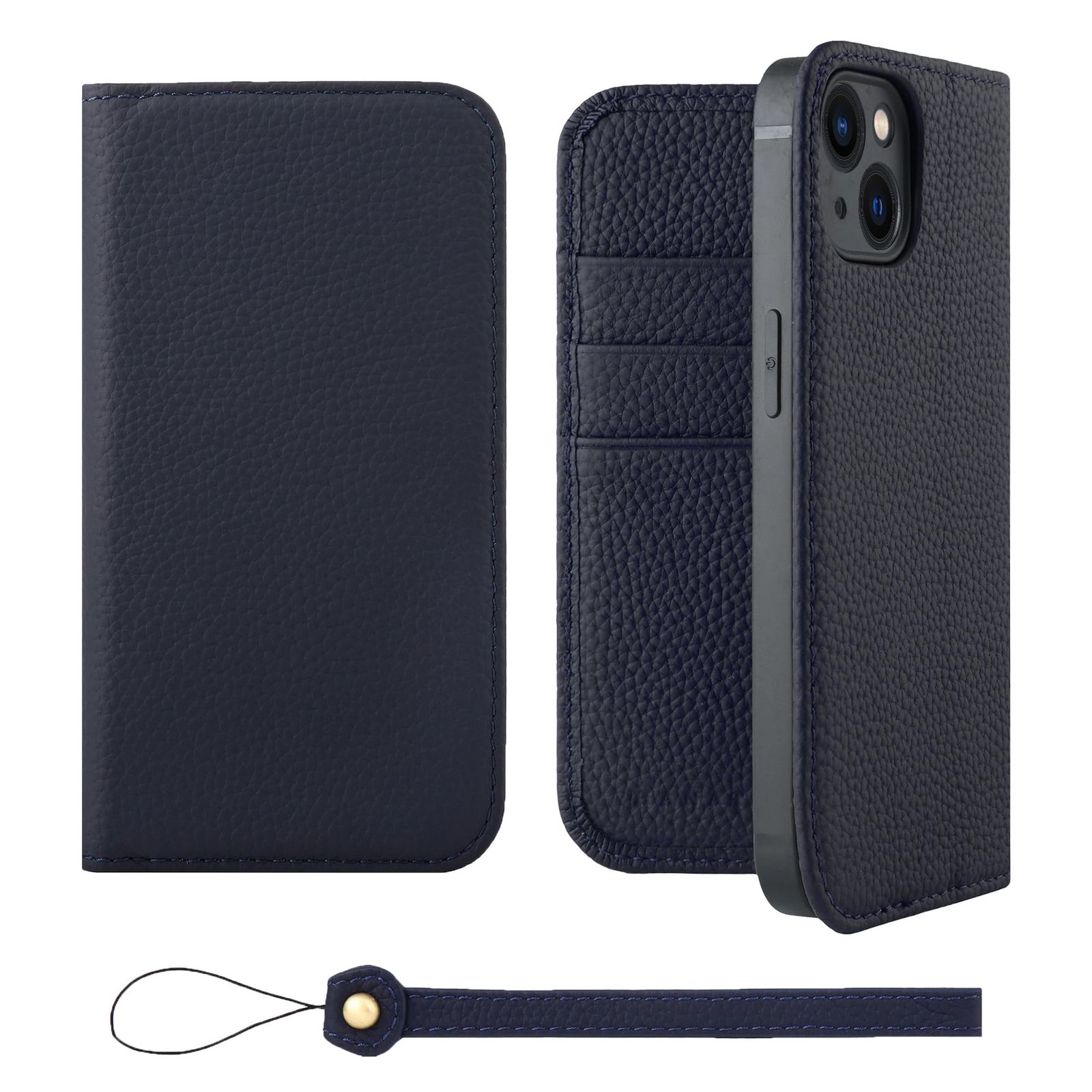 新品 HANATORA for iPhone 14 ケース 手帳型 本革 スマホケース スマホ スタンド ストラップ 付き シュリンクカーフレザー ベルトなし マグネットなし ネイビー H0XA-14-Navy ギフト 誕生日 女性 男性 彼女 お母さん お父
