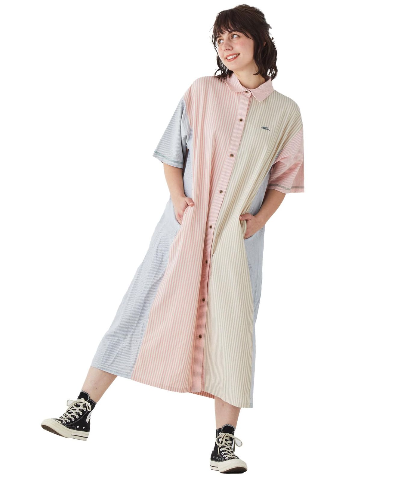 新品 [クリフメイヤー] シャツワンピ マルチ ストライプ レディース MEDIUM カラフル
