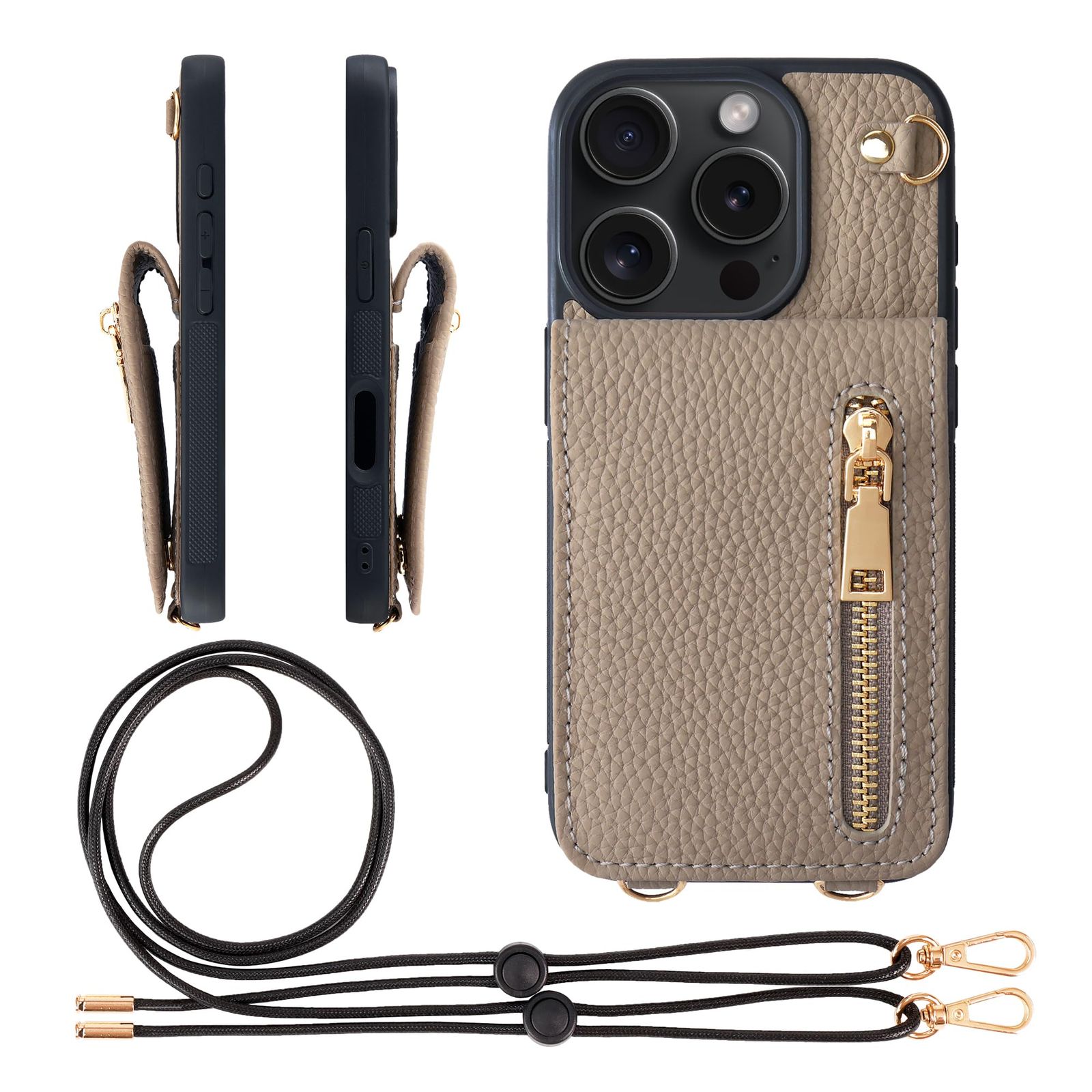 新品 HANATORA for iPhone 15Pro ケース 本革 スマホケース スマホショルダー カードポケット スタンド ショルダーストラップ 付き シュリンクカーフレザー コインケース 小銭入れ グレージュ SCPGGZ-15Pro-Grege