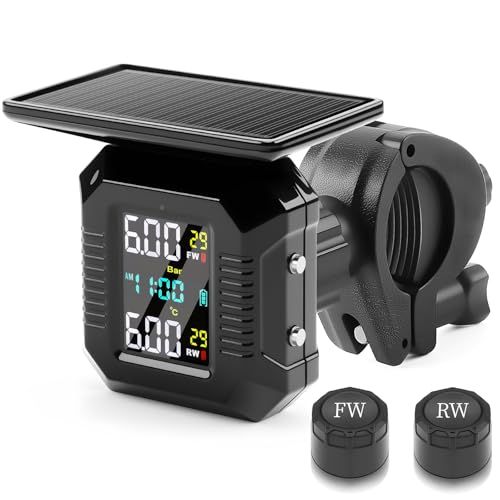 二輪車用タイヤ空気圧モニター TPMS バイク 空気圧センサー 0.01Bar高精度 リアルタイム監視 IP68防水 振動検知 空気圧・温度・時刻をリアルタイム表示 5種アラーム 太陽光/マグネット式USB充電 スタンド付き 二輪車対応 0- 01cdefc5