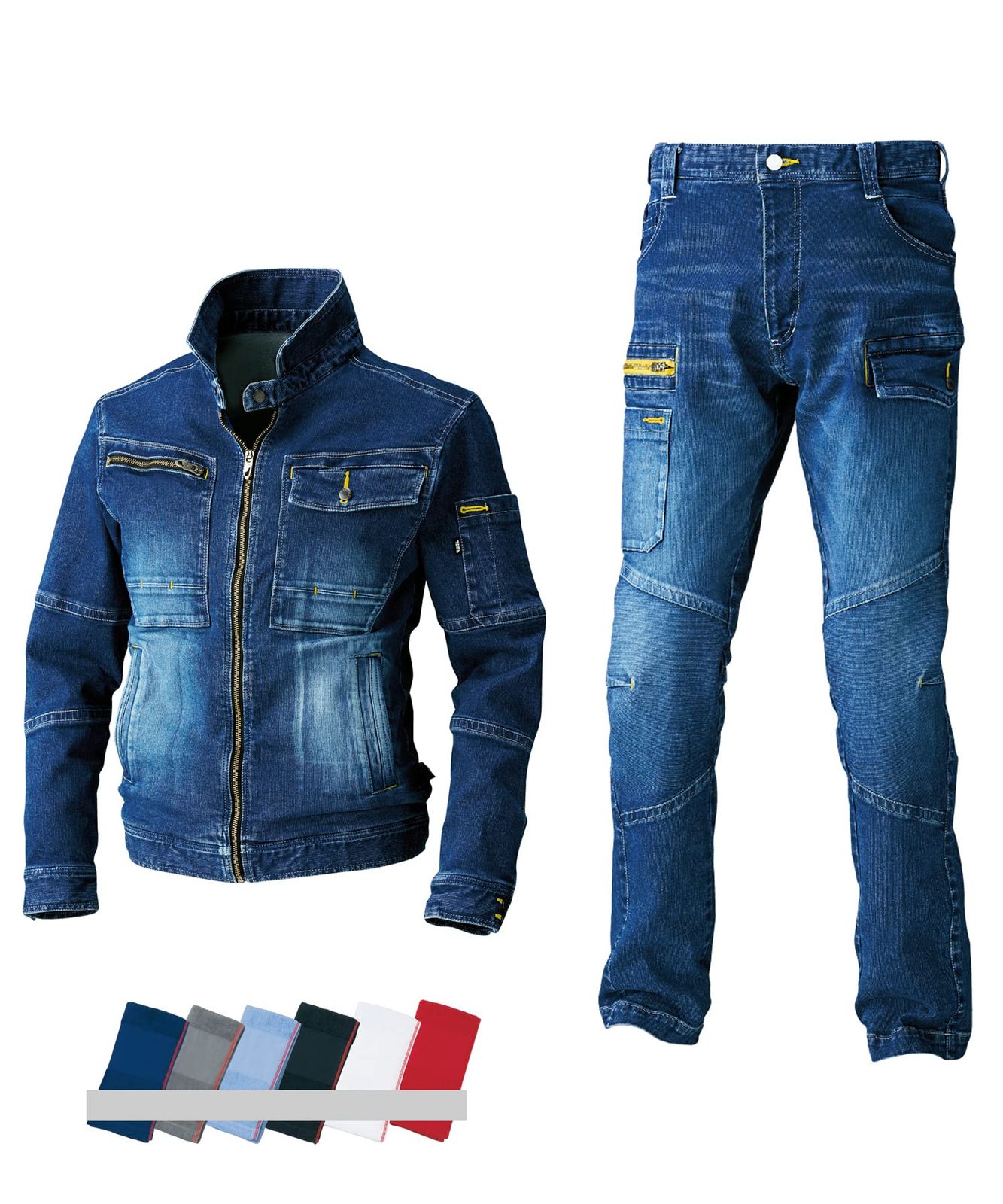 新品 [寅壱] デニム 上下セット 作業服 作業着 8940-554 ライダースジャケット ＆ 8940-219 カーゴパンツ タオル(ネームロゴ入り) 1本付(５Ｌ 04.コン)