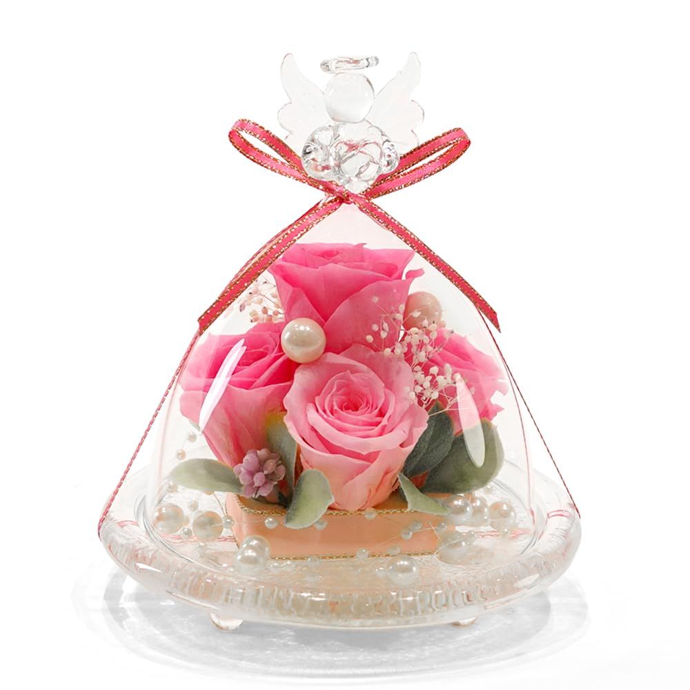 IPFA プリザーブドフラワー ガラスドーム エンジェル プレミアム(ピンク＆ピンク)誕生日 結婚祝い 結婚記念日 退職祝い プレゼント ギフト 人気 女性 花 バラ お祝い 仏花 お供え 記念日t 0b058273