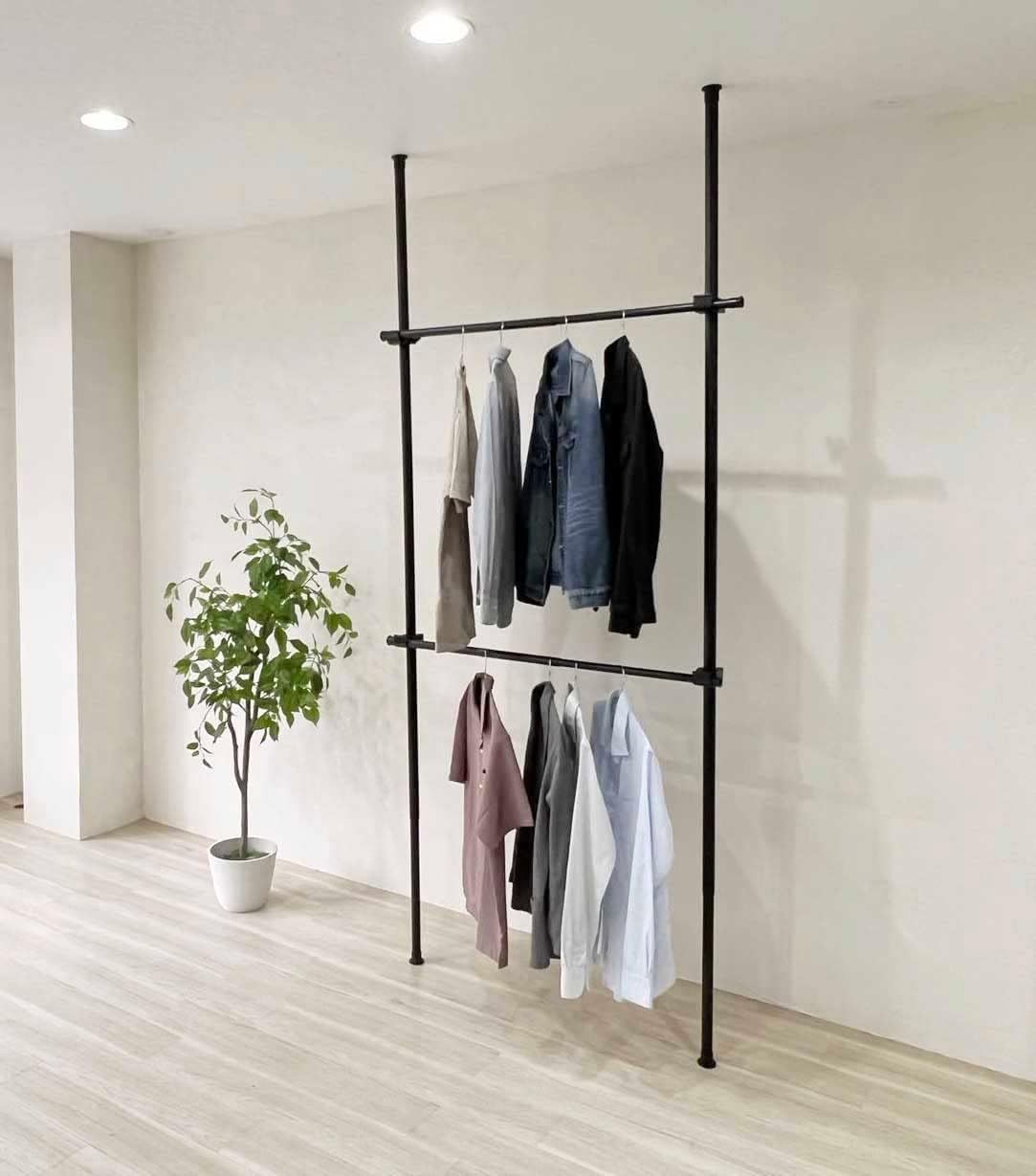 【SNS500万再生突破】 Yoquna ハンガーラック 突っ張り 縦107.5-314cm 耐荷重180kg 洋服ラック 衣類収納 工具不要 黒 ブラック (縦2横2)Y a3abc4cc