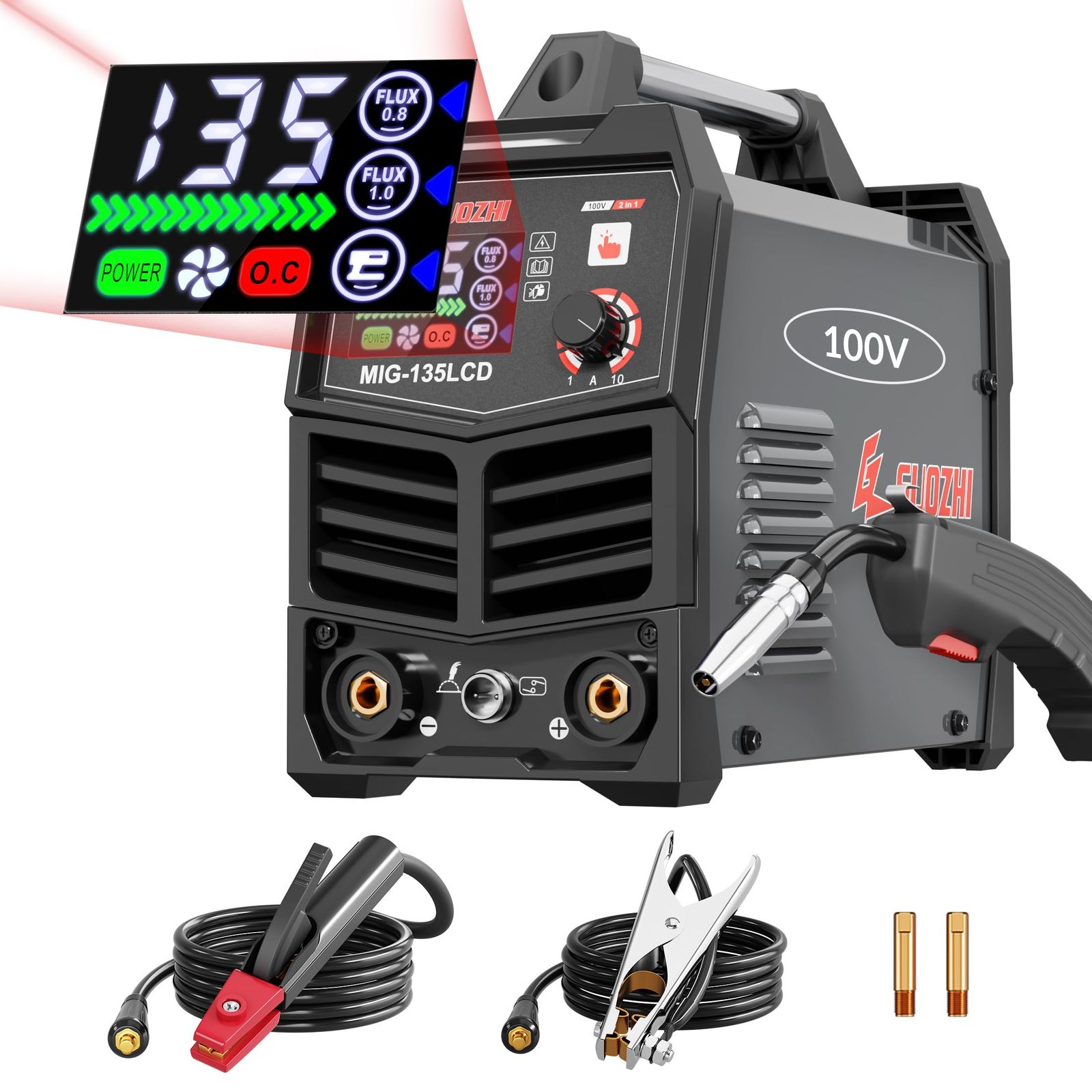 GZ GUOZHI 半自動溶接機 100v アーク溶接 ノンガスワイヤー溶接 1台2役 インバーター直流 溶接機 定格使用率60% 小型 軽量 家庭用 電気溶接機 MIG-135LCDY 7edc3616