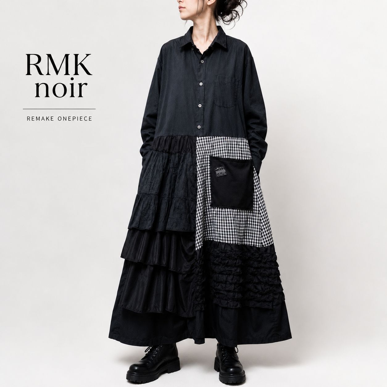 RMK noir ブラックフリルコラージュワンピース　ブラックシャツ　古着リメイク　オーダーメイド