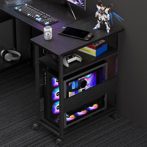 pcラック 3段 pcワゴン【幅30×奥行60×高さ70cm】パソコンワゴン キャスター付き 棚板高さ9段階調節 パソコンラック cpuワゴン 両側取っ手付き プリンターラック サイドデスク 木製 デスクサイドワゴン オフィス収納 (ブラック e7294214