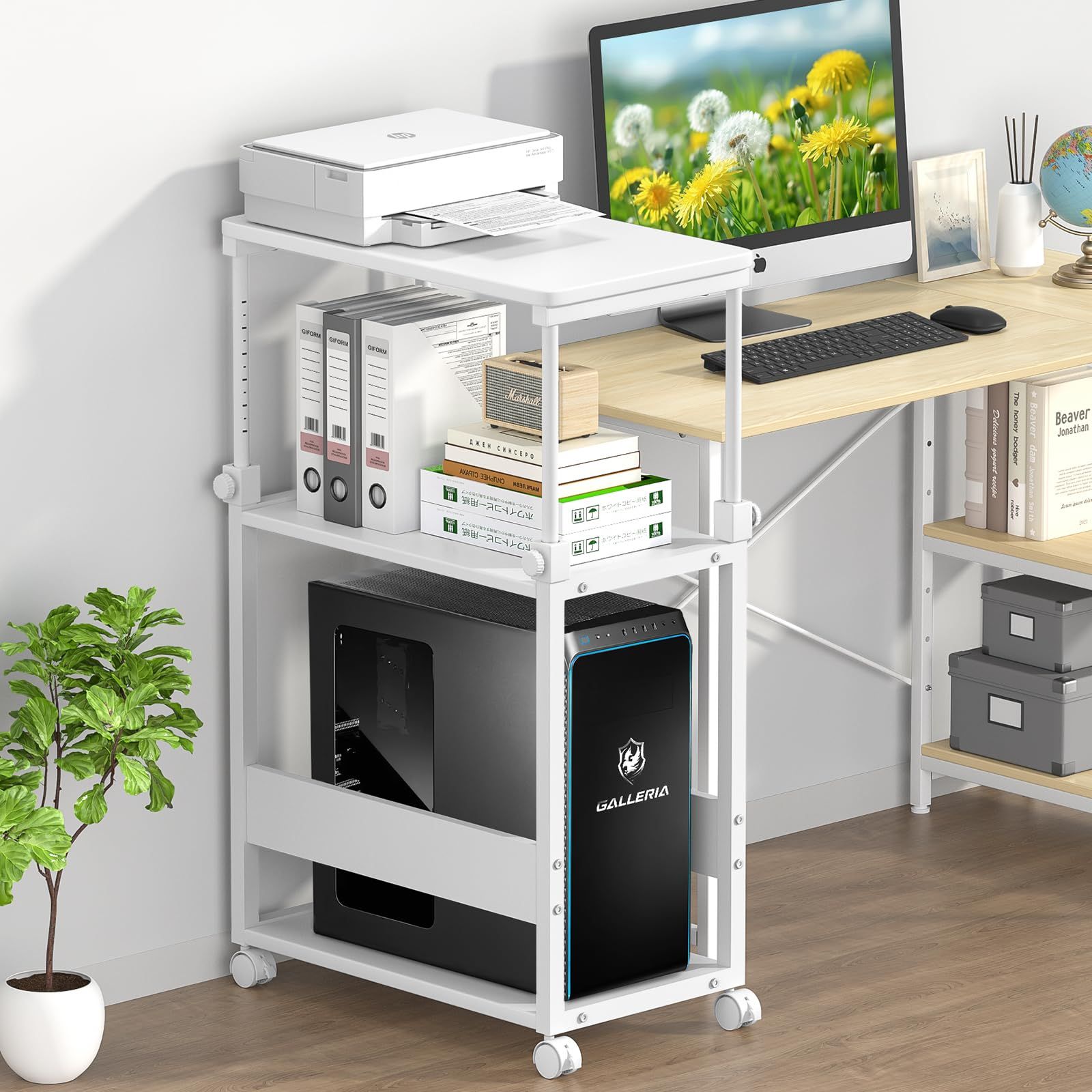 DAIWIN パソコンワゴン 昇降式 pcラック キャスター付き 幅35×奥行60×高さ67?95cm cpuワゴン 天板高さ調節可能 pc 棚 デスクワゴン 木製 デスクサイドワゴン パソコン 棚 複合機ラック オフィス収納 オフィスワゴン 380818f6