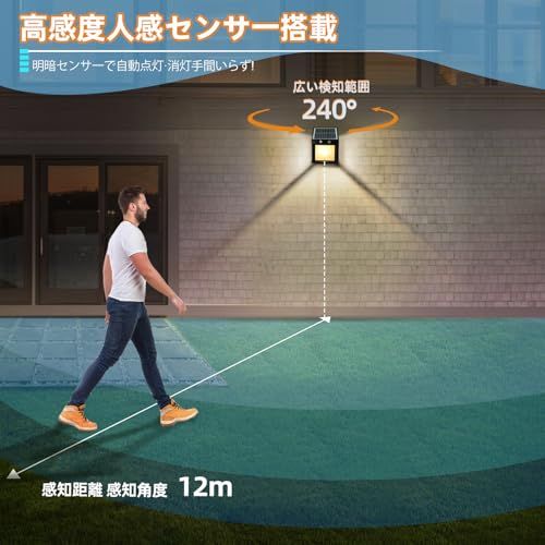 ソーラーライト オクガイ ボウスイ 400ルーメン 3000K電球色 1500mAh大容量バッテリー 充電6時間/最大24時間連続点灯 人感センサー搭載 IP65防水 配線不要 庭・玄関・テラス・塀・廊下・ガレージ対応 雰囲気作り 祭り装飾 a8d5ea3d