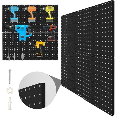 有孔ボード パンチングボード ペグボード マグネット対応 壁掛けボード 収納ボード 工具収納 ツールラック ガレージ 工場作業 DIY 金属製 ブラック 30×30cm 穴径6mm/ピッチ25mm 【4枚セット】 [並行輸入品]as 07fd12b5