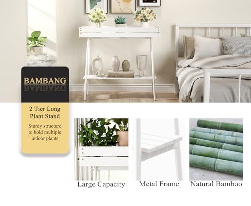 BAMBANG 竹製プランタースタンド 屋内用 2段式 窓際・狭いスペースに最適 鉢落ち防止縁付き 観葉植物スタンド リビング・寝室・バルコニー用 (ホワイト)as 2ae5af24