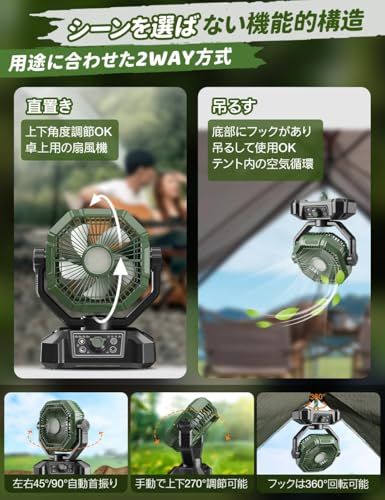 【新品】YUUYOU キャンプ扇風機 【日本企業監修】卓上扇風機 自動首振り 充電式 風量8段階調節 20000mAh充電池 50/120時間連続使用 Type-C充電 機能 多機能ファン 吊り下げ タイマー リモコン付き LEDライト DC 8389a05c