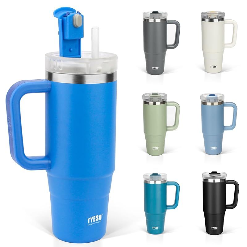 【新品】 TYESO タンブラー 0.9L 水筒 保冷 ステンレスボトル ウォーターボトル ストロー 取っ手付き ジョッキ アウトドア 真空断熱 二重構造 広口 大容量 直飲 女の子 男の子 900ml ブルー