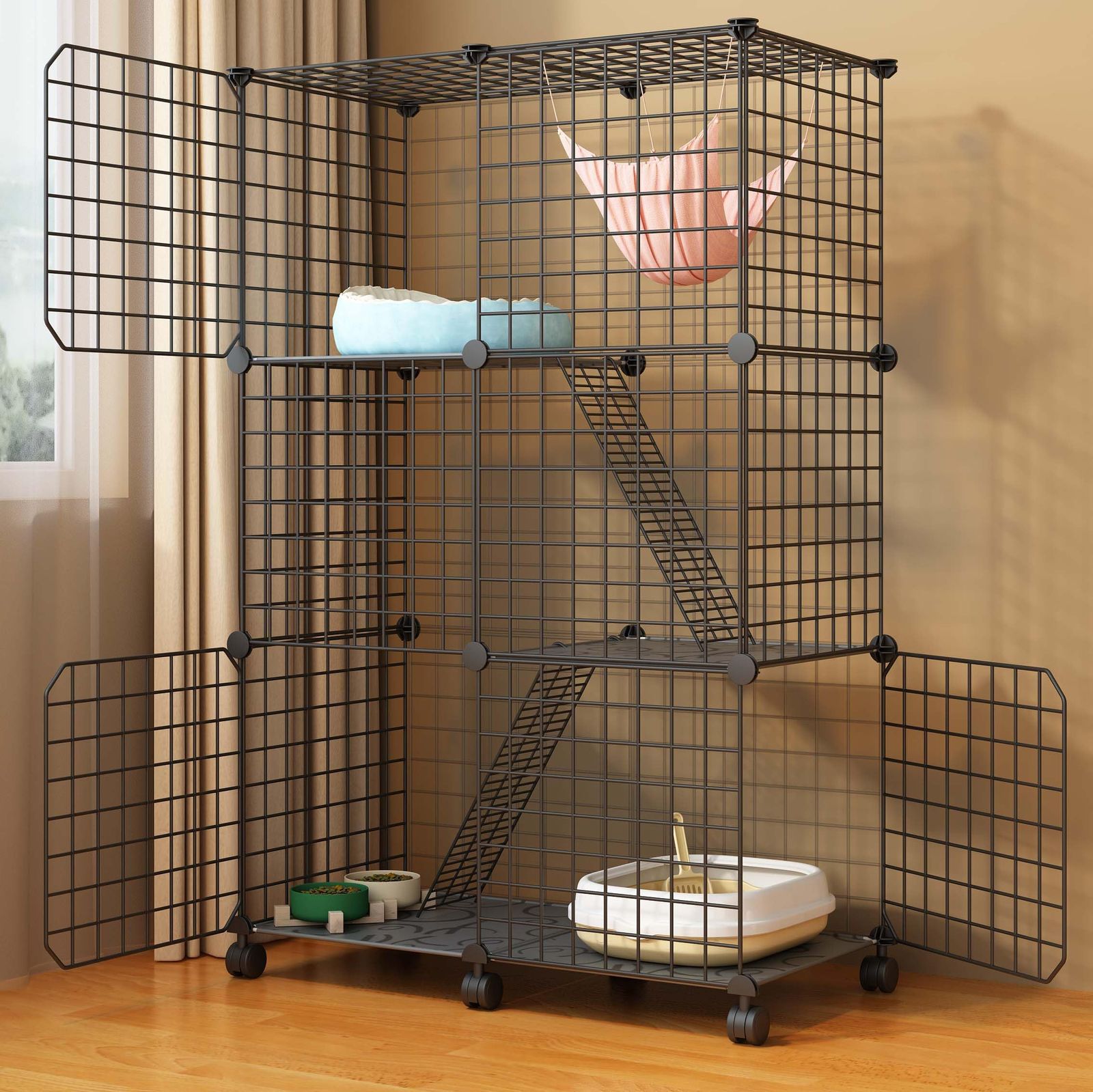 UYTON 猫ケージ DIYコンビネーション 子猫用ケー ジ [製品サイズ：75cmx36cmx114.5cm/3段] [ブラック]猫ハウス 大きめ動物ケージ 大型猫用ケー ジ 多頭飼い猫 折り畳み式 移動便利 組立簡単 取り外し可能なペット b85b4c1a