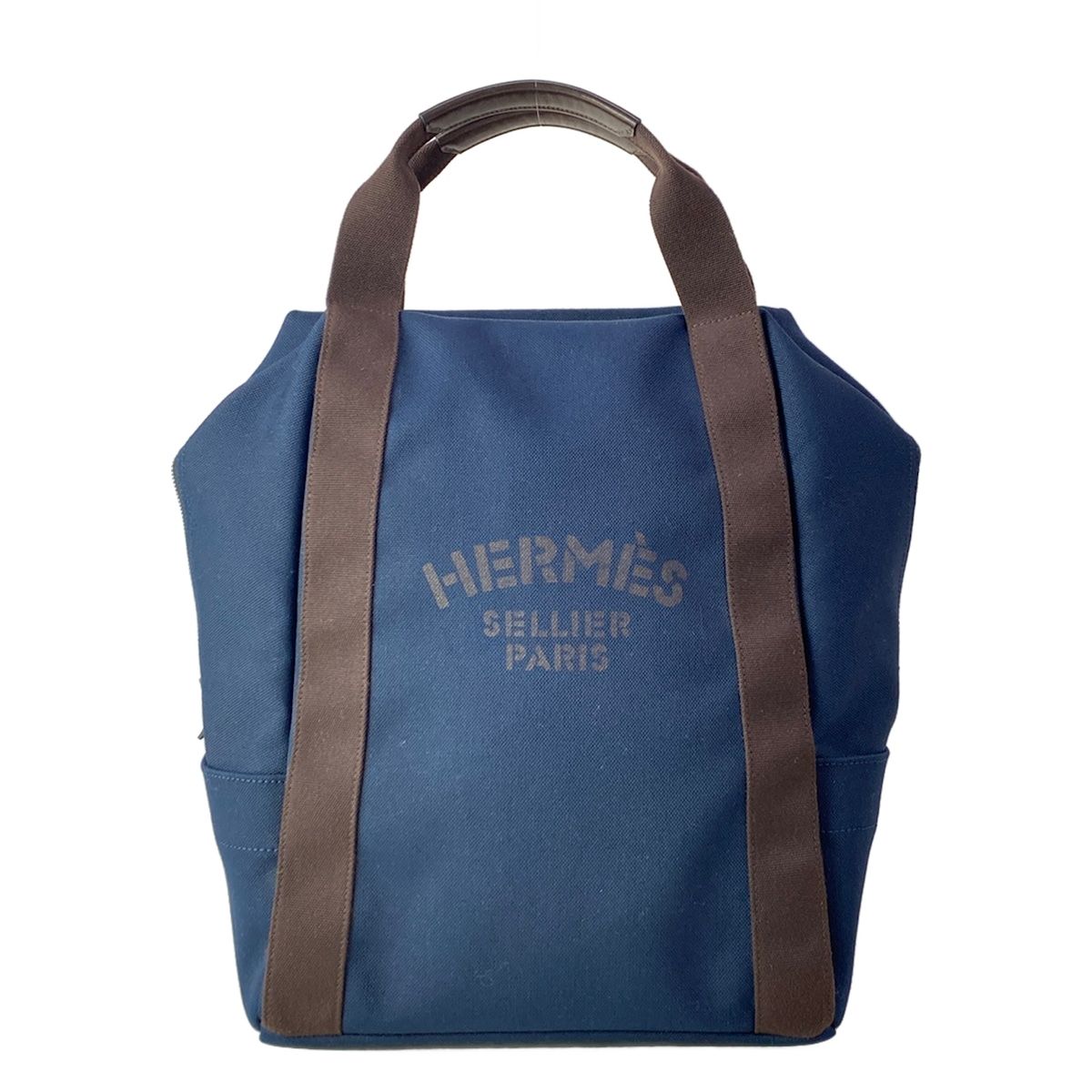 HERMES(エルメス) リュックサック サックドパンサージュ グルームバックパック ネイビー×ダークブラウン シルバー金具 コットン