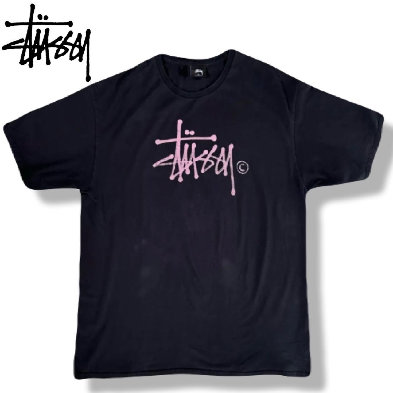 STUSSY フェードTシャツ メキシコ製 メキシコ製】ステューシー Tシャツ XL 黒 ピンク 定番ロゴ フェード