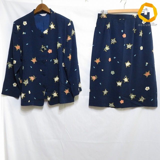 #anc サンネンザカ フェミニン 三年坂 feminine セットアップ L 紺 オレンジ ベージュ 和更紗 ちりめん ノーカラー レディース [1006822]