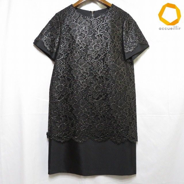 #snc アドーア ADORE ワンピース 36 黒 光沢 レース 半袖 バックジップ シルク混 レディース [810277]