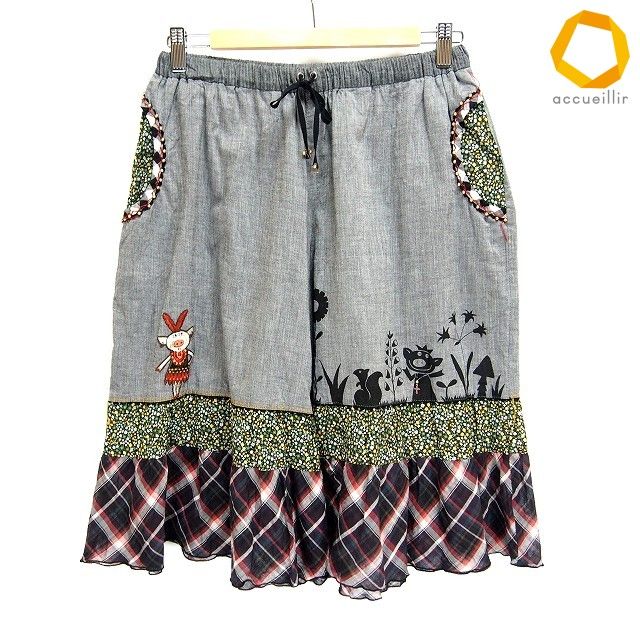 #a アルベロベロ ALBEROBELLO パンツ グレー 黒 マルチ キュロット 花柄 チェック ビーズ ワッペン 動物柄 日本製 レディース [916406] k01