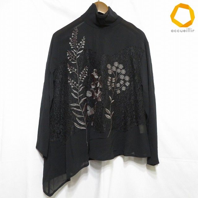 #anc トクコ TOKUKO1erVOL カットソー 9 黒 花柄 刺繍 レース スタンドカラー バックボタン アシンメトリー レディース [1003714]