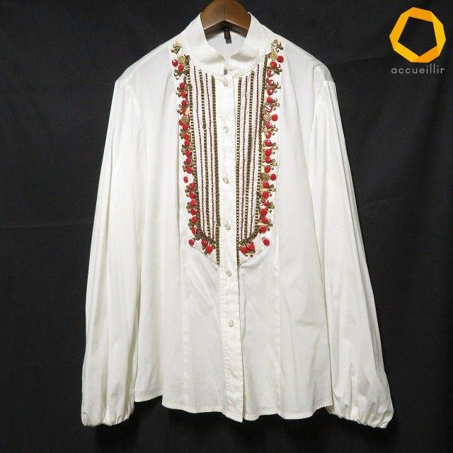 #anc エスカーダ ESCADA シャツ ブラウス 34 白 赤 ブロンズ スタンドカラー ビーズ レディース [962019]