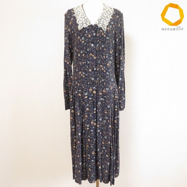 anc ローラアシュレイ LAURAASHLEY ワンピース 36 紺 花柄 ピンタック