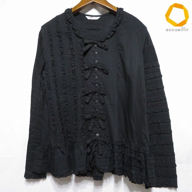 #akc ワンダフルワールド WONDERFUL WORLD シャツ ブラウス 黒 リボンモチーフ フリル レース レディース [970613]