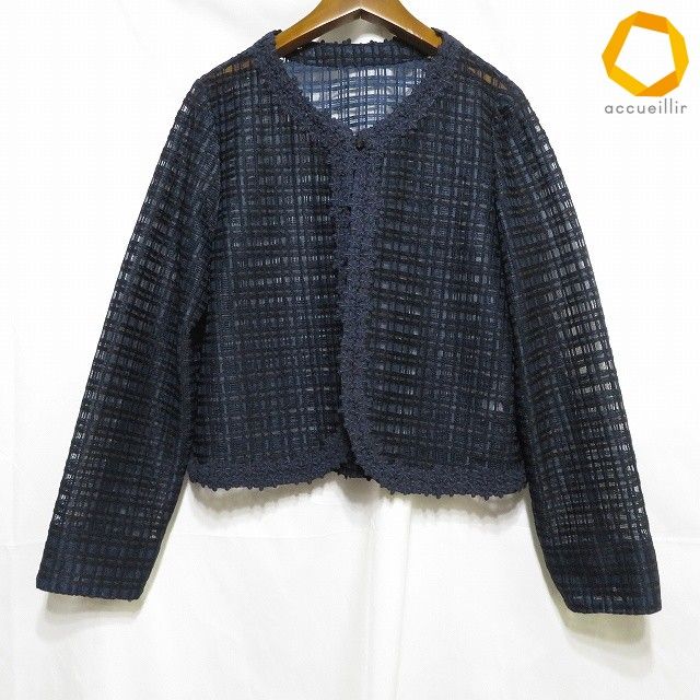 #anc レリアン Leilian カーディガン 40 紺 シースルー 花 刺繍 チェック レディース [1009643]