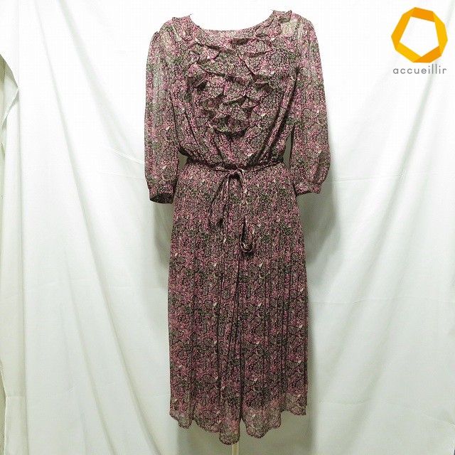 #anc ロシャス レリアン ROCHAS Leilian ワンピース 13+ ピンク 黒 花柄 シースルー 七分袖 プリーツ フリル レディース [977157]