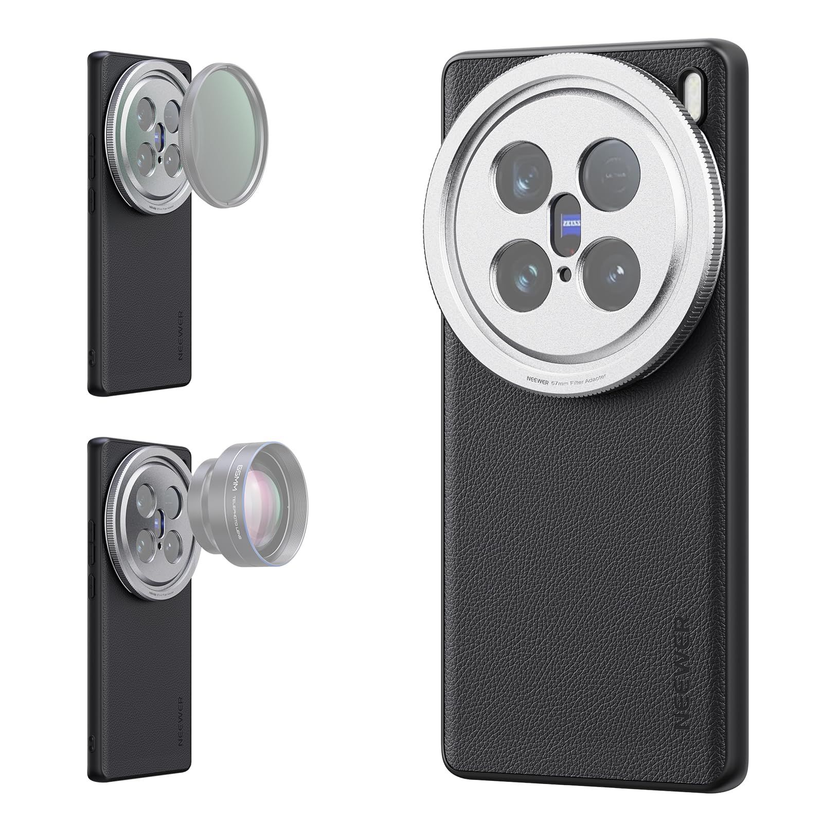 新品 NEEWER スマホケース コンパチブル X200 Pro 保護ケース 頑丈 高耐久 TPU+PCフェイクレザー 17mmレンズマウント&67mmフィルターアダプター付き ワイヤレス充電用 スマホビデオリグ PA114 ブラック+シルバー