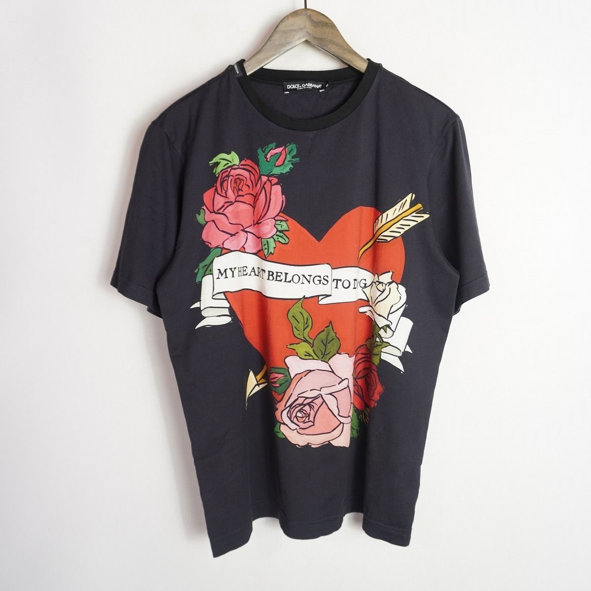 国内正規 美品 DOLCE&GABBANA D＆G ドルチェアンドガッバーナ フラワー ハート 半袖 Tシャツ カットソー G8HV4T FH7Y7 48 本物 黒灰3003Q♪